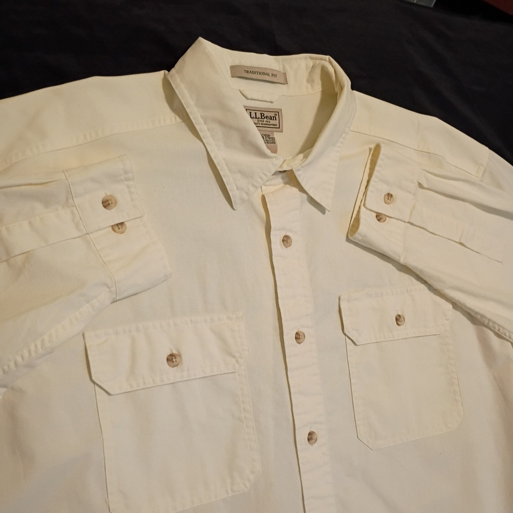 LL Bean Mens XL Traditional Fit Heavy Cotton Utility Cream Button Down Shirt